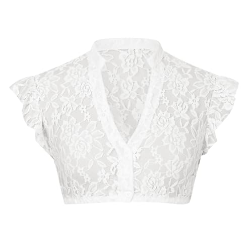 Dirndlbluse Spitze Damen Trachtenbluse Dirndl Bluse Weiß Schwarz V Ausschnitt Kurzarm Tracht Bluse Elegante Halbarm Bluse Sexy Oktoberfest Kostüm Dirndlblusen Klassisch Spitzenbluse (#5-White, M) von YueYue
