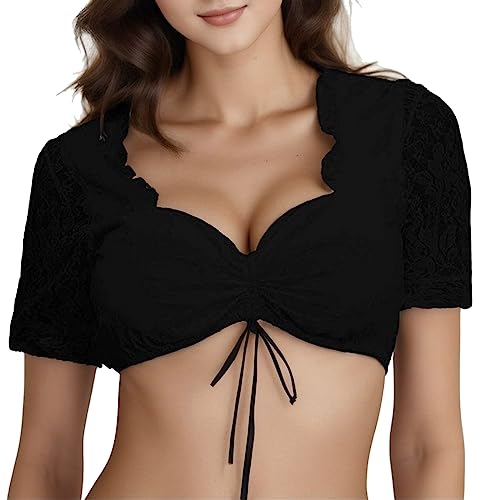 Dirndlbluse Spitze Damen Trachtenbluse Dirndl Bluse Weiß Schwarz V Ausschnitt Kurzarm Tracht Bluse Elegante Halbarm Bluse Sexy Oktoberfest Kostüm Dirndlblusen Klassisch Spitzenbluse (17-Black, L) von YueYue