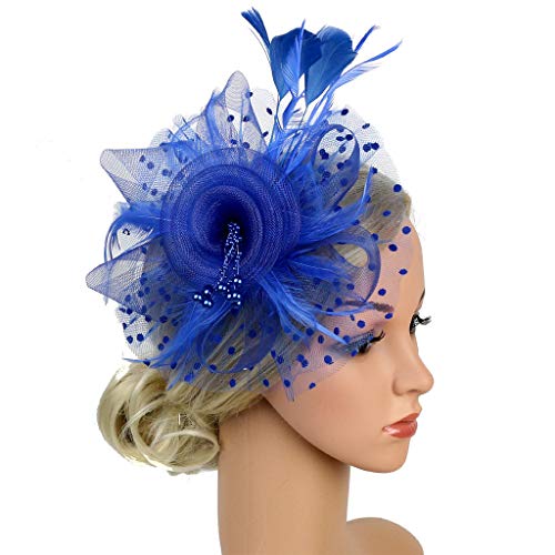 Fascinator Damen Hut Vintage Brautschleier Hochzeit Haarschmuck Feder Kopfschmuck Schleier Bankett Mesh Hut Karneval Haarspangen Elegant Haarclip Fasching Haarklammer Haarreif Zubehör(a-Blue) von YueYue