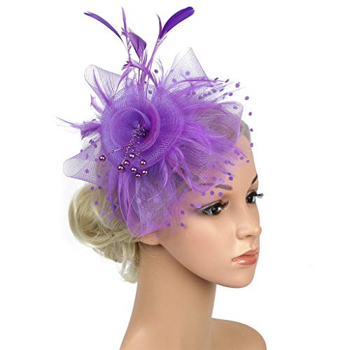 Fascinator Damen Hut Vintage Brautschleier Hochzeit Haarschmuck Feder Kopfschmuck Schleier Bankett Mesh Hut Karneval Haarspangen Elegant Haarclip Fasching Haarklammer Haarreif Zubehör(a-Purple) von YueYue