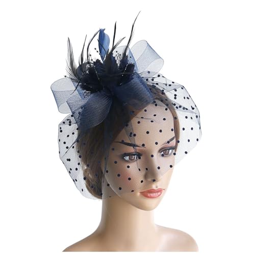Fascinator Damen Hut Vintage Brautschleier Hochzeit Haarschmuck Feder Kopfschmuck Schleier Bankett Mesh Hut Karneval Haarspangen Elegant Haarclip Fasching Haarklammer Haarreif Zubehör(b-Navy) von YueYue