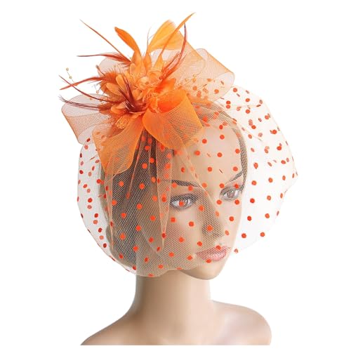 Fascinator Damen Hut Vintage Brautschleier Hochzeit Haarschmuck Feder Kopfschmuck Schleier Bankett Mesh Hut Karneval Haarspangen Elegant Haarclip Fasching Haarklammer Haarreif Zubehör(b-Orange) von YueYue