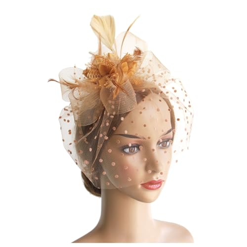 Fascinator Damen Hut Vintage Brautschleier Hochzeit Haarschmuck Feder Kopfschmuck Schleier Bankett Mesh Hut Karneval Haarspangen Elegant Haarclip Fasching Haarklammer Haarreif Zubehör(b-Yellow) von YueYue