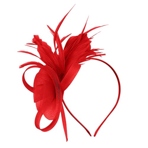 Fascinator Damen Hut Vintage Brautschleier Hochzeit Haarschmuck Feder Kopfschmuck Schleier Bankett Mesh Hut Karneval Haarspangen Elegant Haarclip Fasching Haarklammer Haarreif Zubehör(f-Red) von YueYue