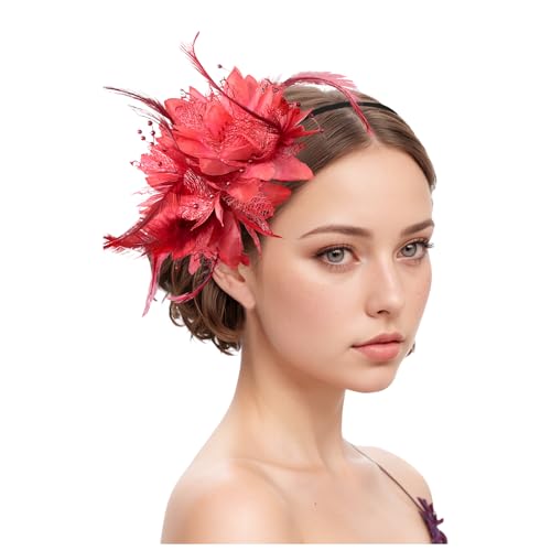 Fascinator Hüte Für Damen Gittergewebe Stirnband Schwarz Bänder Federn Auf Einem Stirnband 1920er Jahre Vintage Perlen Schleier Für Damen Mädchen Tea Party Hochzeit Kirche (RD2, One Size) von YueYue