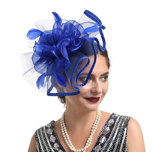 Fascinator Hüte für Damen Vintage Pillbox Hut mit Schleier Schwarzer Stirnband Und Einer Gegabelten Clip Tea Party Kopfbedeckung Damenhut Elegant Hochzeit Cocktail Mesh Haarschmuck (Blue, One Size) von YueYue