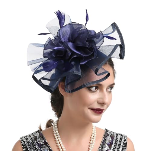 Fascinator Hüte für Damen Vintage Pillbox Hut mit Schleier Schwarzer Stirnband Und Einer Gegabelten Clip Tea Party Kopfbedeckung Damenhut Elegant Hochzeit Cocktail Mesh Haarschmuck (Navy, One Size) von YueYue