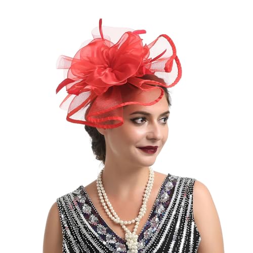 Fascinator Hüte für Damen Vintage Pillbox Hut mit Schleier Schwarzer Stirnband Und Einer Gegabelten Clip Tea Party Kopfbedeckung Damenhut Elegant Hochzeit Cocktail Mesh Haarschmuck (Red, One Size) von YueYue