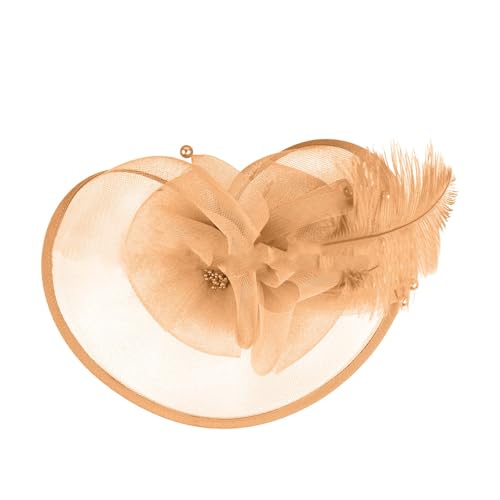 Fascinator Hut Blume Damen Mädchen Haar Mesh Feder Clip Elegant Haarklammer Schleier 20er Jahre Kopfschmuck Cocktail Tea Party Kopfbedeckung Fascinators Haarnadel Haarschmuck Hochzeit (Gold, One Size) von YueYue
