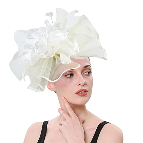 Fascinator Hut Damen Organza Haarschmuck Hochzeit Schleier Hut Frauen Mädchen Tea Party Kopfbedeckung Damen Pillbox Hüte Blume Mesh Feder Hüte für Party Kirche Hochzeit Cocktail (Beige, One Size) von YueYue