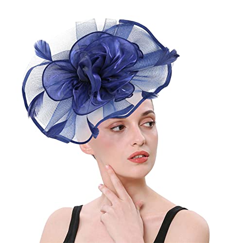 Fascinator Hut Damen Organza Haarschmuck Hochzeit Schleier Hut Frauen Mädchen Tea Party Kopfbedeckung Damen Pillbox Hüte Blume Mesh Feder Hüte für Party Kirche Hochzeit Cocktail (Navy, One Size) von YueYue