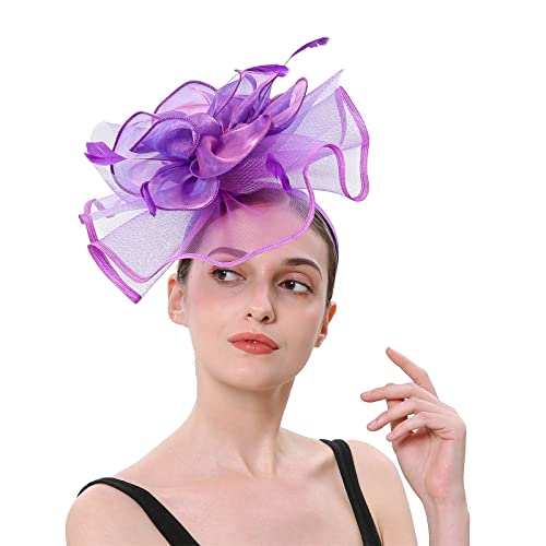 Fascinator Hut Damen Organza Haarschmuck Hochzeit Schleier Hut Frauen Mädchen Tea Party Kopfbedeckung Damen Pillbox Hüte Blume Mesh Feder Hüte für Party Kirche Hochzeit Cocktail (Purple, One Size) von YueYue
