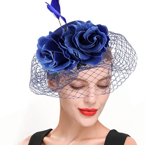 Fascinators Hut Blume Vintage Schwarz Schleier Fascinator Mesh Stirnband Tea Party Kopfbedeckung mit Schleier Cocktail Tea Party Kopfbedeckung für Mädchen Und Frauen Braut Haarschmuck (Blue, One Size) von YueYue