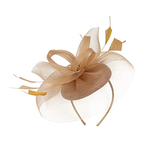 Fascinators Hut für Damen Blume Mesh Federn Tüll Bräute Kopfschmuck Haarschmuck mit Stirnband Und Clip für Cocktail Tea Party Hochzeit Kirche 20er Damen Bekleidungs Zubehör (Gold, One Size) von YueYue