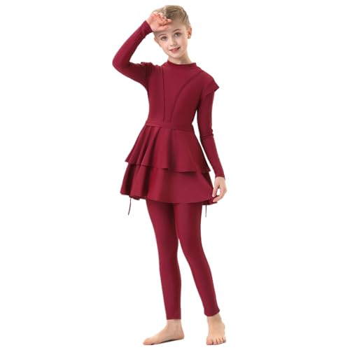 Kinder Baby Mädchen Muslimischen Badeanzug Islamischen Ganzkörper Full Cover Langarm Top Hose Burkini Set Schwimmanzug 3-teilig Einfarbig Bademode Rock mit Mütze Teenager (Red, 3-4 Years) von YueYue