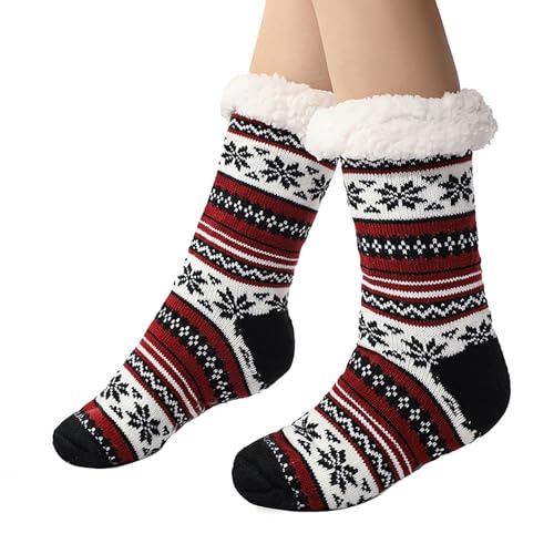 Kuschelsocken Damen 39-42 Wintersocken Haussocken Stoppersocken Thermosocken Flauschige Dicke Socken Damen Schlafsocken Gefütterte Rutschsocken Warme Bettsocken für Frauen Mädchen (3-Red, One Size) von YueYue