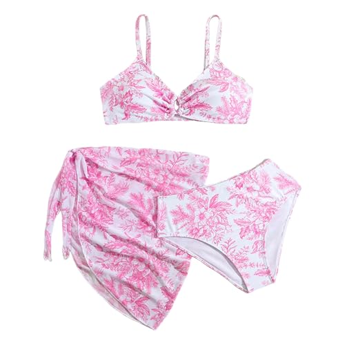 Mädchen Bikini Set 3er Sommer Badeanzüge Kinder Dreiteilig Tankini mit Rock Blumendruck Bademode Triangel Bikinihose mit Kordelzug Rock Schwimmanzug Bikinis für Teenager 8-16 Jahre von YueYue