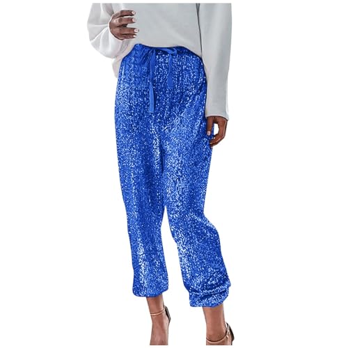 Pailletten Hose Damen Glänzende Metallic-Hose Glitzer Hose Damen Shining Hohe Taille Hose Pailettenhose Glitzerhose Karneval Kostüm Party Disco Tanz Bühne Cosplay Nachtclub Festival (7-Blue, M) von YueYue