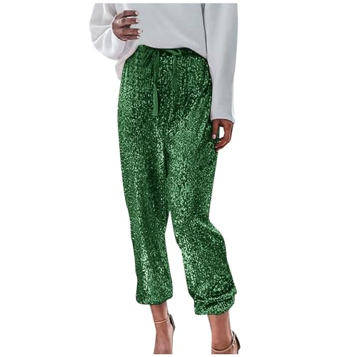 Pailletten Hose Damen Glänzende Metallic-Hose Glitzer Hose Damen Shining Hohe Taille Hose Pailettenhose Glitzerhose Karneval Kostüm Party Disco Tanz Bühne Cosplay Nachtclub Festival (7-Green, M) von YueYue