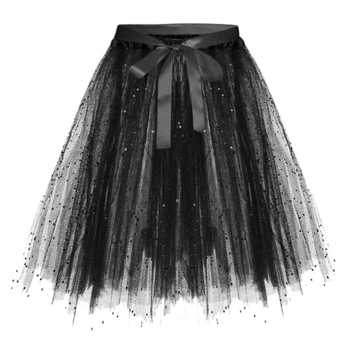 Pailletten Tüllrock Damen Tutu Klassisch Tüll Tüllrock 50er Rockabilly Petticoat Partykleid Retro Karneval Kostüm Unterrock Tanzrock Ballettrock Cosplay Festliche Minirock Glitzerrock(1-Black, M) von YueYue