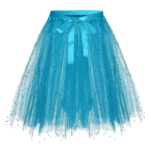 Pailletten Tüllrock Damen Tutu Klassisch Tüll Tüllrock 50er Rockabilly Petticoat Partykleid Retro Karneval Kostüm Unterrock Tanzrock Ballettrock Cosplay Festliche Minirock Glitzerrock(1-Blue, S) von YueYue