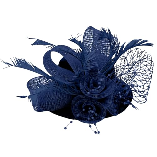 YueYue Damen Fascinator Hüte Tea Party Hut Vintage Pillbox Hut Stirnband für Cocktail Stirnband Jungen Frottee Turban (Navy, One Size) von YueYue