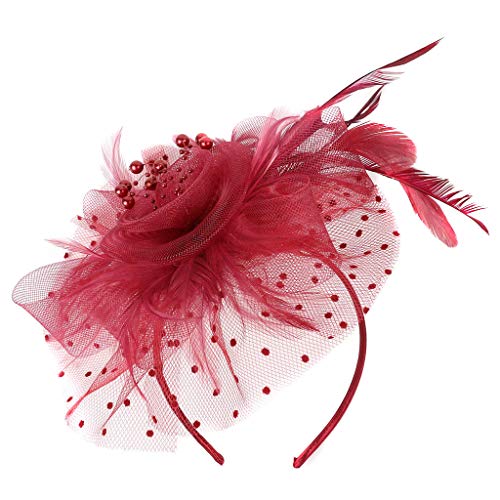 YueYue Damen Fascinators Blume Mit Perle Feder Fascinators Hut Blume Mesh Organza Bänder Federn Auf Einem Stirnband Hochzeit Cocktail Tea Party Hut Kopfbedeckung Für Damen Mädchen von YueYue