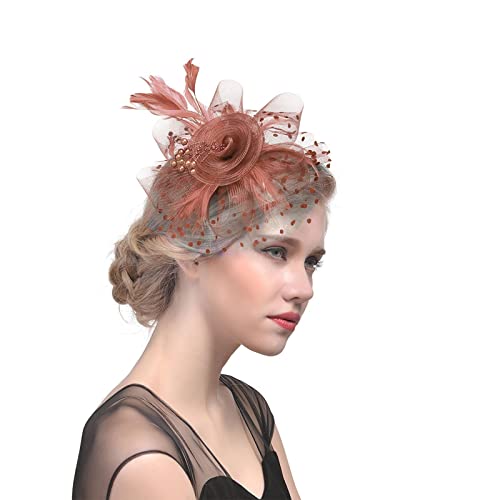 YueYue Damen Fascinators Hut Blume Mit Perle Feder Fascinators Hut Mesh Blume 1920er Jahre Vintage Perlen Schleier Hochzeit Cocktail Tea Party Kopfbedeckung Für Damen Mädchen (Coffee, One Size) von YueYue
