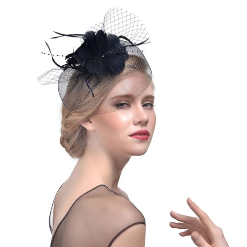 YueYue Damen Fascinators Hut Gittergewebe Stirnband Schwarz 1920er Jahre Vintage Perlen Schleier Blume Mit Perle Feder Fascinators Hut Für Damen Mädchen Tea Party Hochzeit Kirche (One Size) von YueYue
