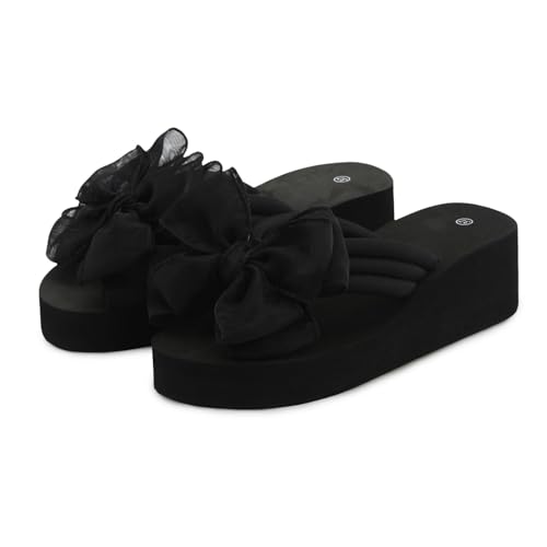 Damen Plateau Slipper mit Zehentrenner Riemen Slide Sandalen Bohemian Flip Flops Ergonomische Zehentrenner Badelatschen Badelatschen Badeschlappen Meer Pool Strand Schwimmen(B-Black, 40) von YueYue