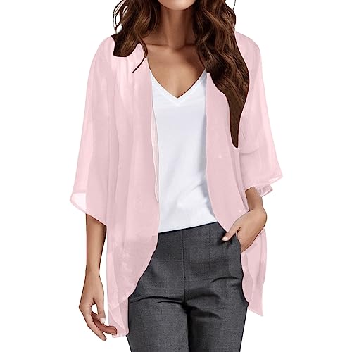 YueYue Damen Sommer Chiffon Kimono Cardigan Leicht Casual 3/4 Ärmel Beachwear Bikini Cover Up Strickjacke Einfarbige Lang Sommerjacke Strand Shawl Bluse Oberteil Tops Offene Front Jacke (5-Pink, L) von YueYue