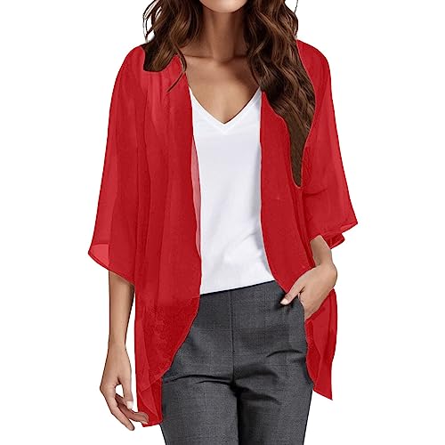 YueYue Damen Sommer Chiffon Kimono Cardigan Leicht Casual 3/4 Ärmel Beachwear Bikini Cover Up Strickjacke Einfarbige Lang Sommerjacke Strand Shawl Bluse Oberteil Tops Offene Front Jacke (5-Red, XL) von YueYue