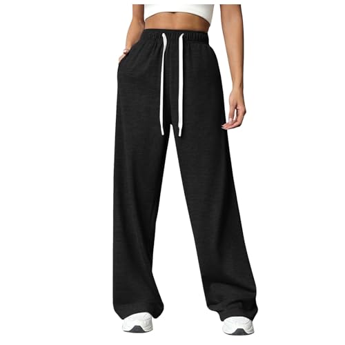 YueYue Damen Warme Gefütterte Jogginghose mit 2 Taschen Kordelzug Winter Thermo Fleece Hosen High Waist Lange Sportleggins Baggy Jogginghose Trainingshose Y2K Freizeithose Sweathose Laufhose Teenager von YueYue