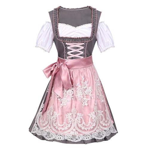 YueYue Dirndl Damen Midi Oktoberfest Damen Outfit Rosa Oktoberfest Faschingsparty Costume Trachtenkleid Trachtenrock Dirndl Schürze Spitze 2Tlg Trachtenmode Dirndlbluse Dirndl Kleid (Pink, XL) von YueYue