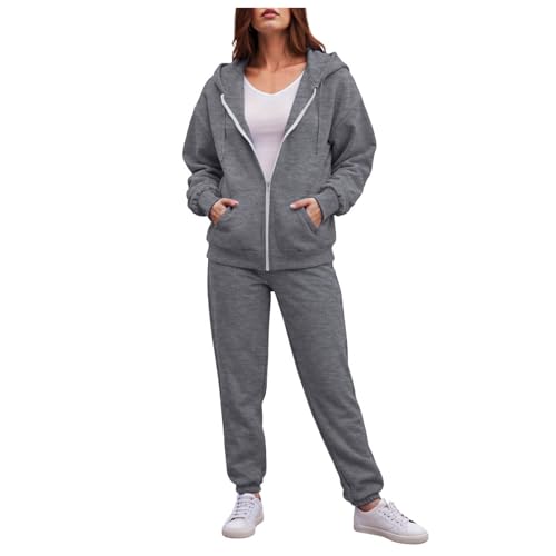 YueYue Jogginganzug Damen Set Fleece Hausanzug Zweiteiler Outfit mit Kapuze Einfarbig Hoodie Sweatshirt und Jogginghose Streatwear Freizeitanzug Tracksuit Warm Sportkleidung Set(1-Dark Gray, XXXL) von YueYue