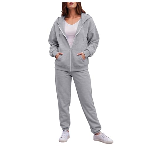 YueYue Jogginganzug Damen Set Fleece Hausanzug Zweiteiler Outfit mit Kapuze Einfarbig Hoodie Sweatshirt und Jogginghose Streatwear Freizeitanzug Tracksuit Warm Sportkleidung Set(1-Light Gray, S) von YueYue