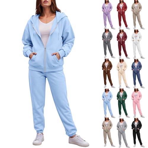 YueYue Jogginganzug Damen Set Fleece Hausanzug Zweiteiler Outfit mit Kapuze Einfarbig Hoodie Sweatshirt und Jogginghose Streatwear Freizeitanzug Tracksuit Warm Sportkleidung Set(1-Sky Blue, S) von YueYue