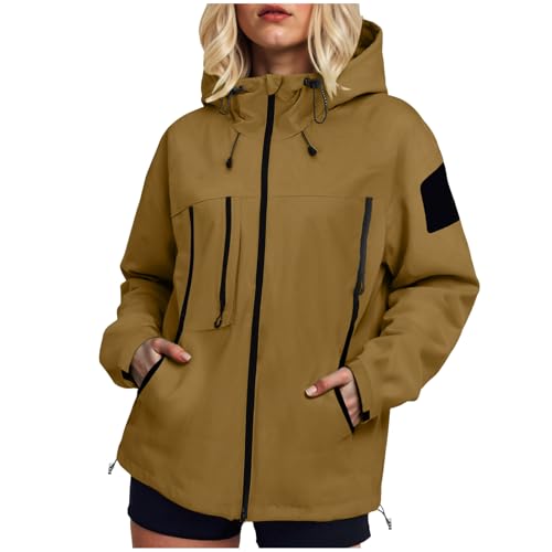 YueYue Regenjacke Damen Wasserdicht Atmungsaktiv Winddicht Leichte Regenmantel Kapuze Mit Kordelzug Outdoorjacke Regenponcho Regenmantel Damen Wasserdicht Windbreaker mit Tasche (Coffee, XXL) von YueYue