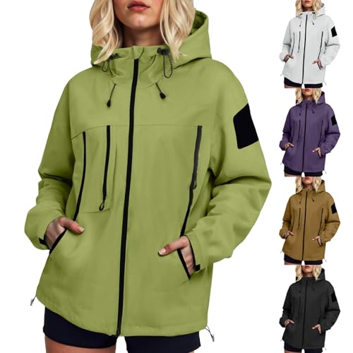 YueYue Regenjacke Damen Wasserdicht Atmungsaktiv Winddicht Leichte Regenmantel Kapuze Mit Kordelzug Outdoorjacke Regenponcho Regenmantel Damen Wasserdicht Windbreaker mit Tasche (Green, L) von YueYue