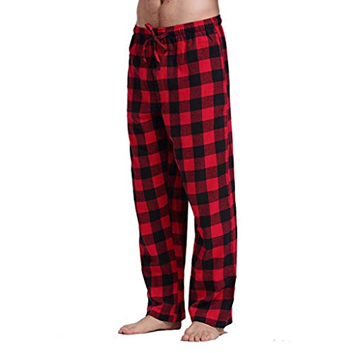 YueYue Schlafanzughose Herren Lang Karierte Pyjamahose Winter Warm Pyjama Hose Soft Freizeithose Loungehose Weihnachts Pyjama Haushose Casual Lose Lange Hosen mit Taschen und Kordelzug(Red, L) von YueYue