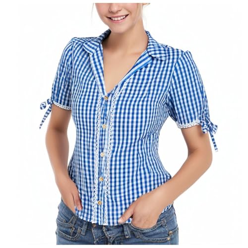 YueYue Trachtenbluse Damen Kariert Bayrische Trachten Bluse Kurzarm Oktoberfest Damen Outfit Karierte Hemd Dirndl Bluse Trachtenblusen Trachtenmode Volksfest Mottoparty Karneval(1-Blue, XL) von YueYue