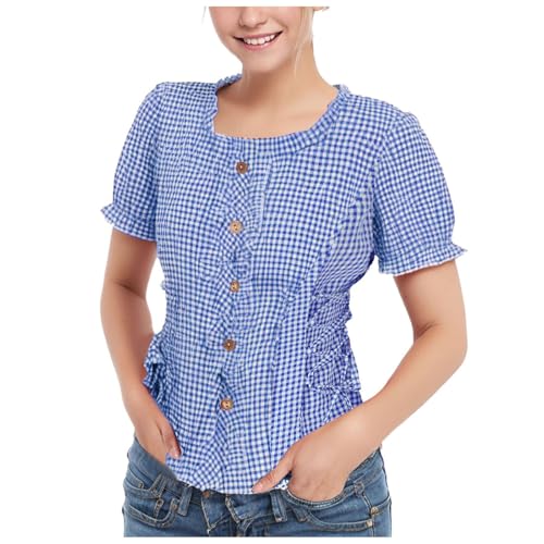 YueYue Trachtenbluse Damen Kariert Bayrische Trachten Bluse Kurzarm Oktoberfest Damen Outfit Karierte Hemd Dirndl Bluse Trachtenblusen Trachtenmode Volksfest Mottoparty Karneval(3-Blue, XXL) von YueYue