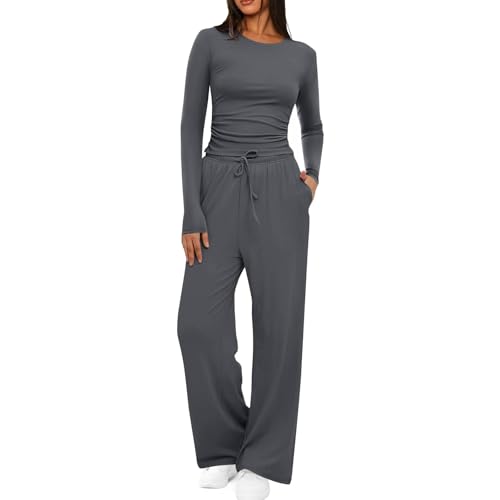 YueYue Zweiteiler Damen Elegant Lounge Set Trainingsanzug Damen Langarm Y2K Crop Top und Jogginghose Freizeitanzug Jogginganzug Loungewear Damen Set Casual Outfit Zweiteiliges Set(Dark Gray, S) von YueYue