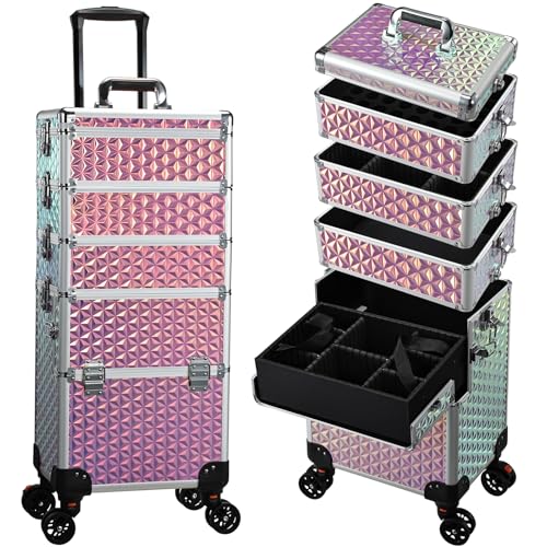 Yueieoun 5-in-1 Professioneller Make-up-Zug Koffer auf Rädern, extra großer Kosmetikkoffer, Aluminium, Rollkoffer, Rollwagen, Make-up, Reise-Organizer mit 360° drehbaren Rädern, Glänzendes Pink von Yueieoun