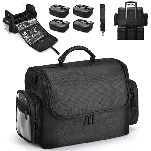Yueieoun Große Make-up-Tasche, Make-up-Organizer mit 4 Ebenen, weicher Kosmetikkoffer für Reisen, Make-up, Nagelkunst, Wimpernverlängerung, Tattoo-Aufbewahrungstasche, Farbe: Schwarz, Plus, Reisen, von Yueieoun
