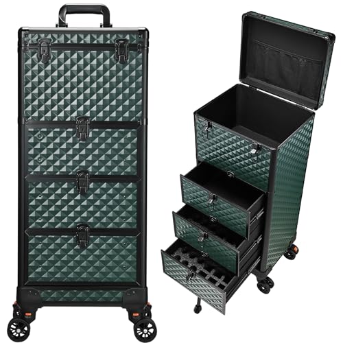 Yueieoun Nagelwagen mit 3 Schubladen, Salonstation, Kosmetikkoffer auf Rollen, Make-up-Tasche, Nagelkoffer, Organizer, Kosmetiksalon, Reisekoffer für Nailart, Spa, Friseure, Künstler, Dunkelgrün von Yueieoun