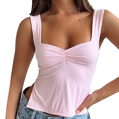 Damen Sexy Low Cut Skinny Crop Top Ärmellos Einfarbig Herzausschnitt Shirt Cami Top Tank Top Streetwear, Pink, Klein von Yuemengxuan