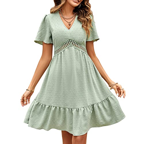 Damen Sommer Minikleid Chiffon Ausschnitt Rüschen V-Ausschnitt Puffärmel Kleider Swiss Dot Boho Sommerkleid, Kurze Ärmel Grün, X-Groß von Yuemengxuan