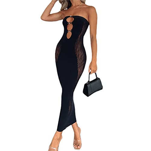 Yuemengxuan Sexy figurbetontes Maxikleid für Damen, tief geschnitten, Spaghettiträger, ärmellos, langes Kleid, Party, Streetwear, Black-C, Klein von Yuemengxuan