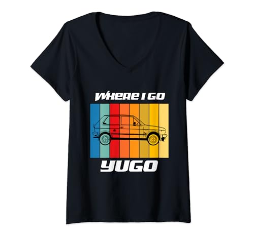 Damen Retro-Autodesign „Wohin ich gehe, Yugo“ T-Shirt mit V-Ausschnitt Damen Retro-Autodesign „Wohin ich gehe, Yugo“ T-Shirt mit V-Ausschnitt von Yugo Shirts